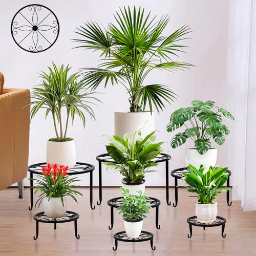 Metal Plant Stands for Outdoor Indoor Plants, 7 Pack Anti-Rust Iron Flower Plant Pot Stands, Floor Plant Holder Heavy Duty Plant Round Shelf for Multiple Plant Patio, Home Garden Decor Racks (Black)