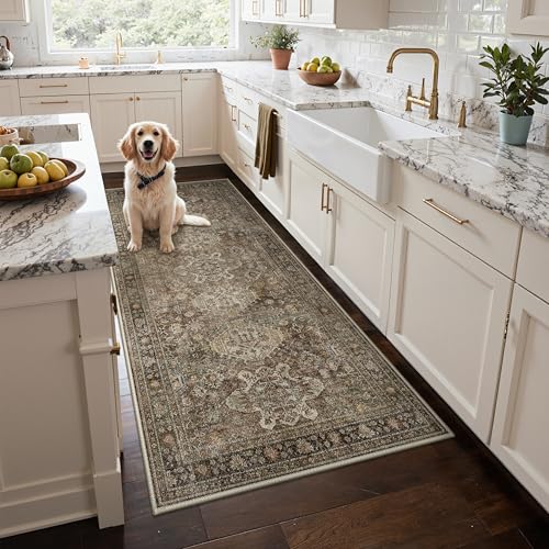 Bavni Washable Runner Rug 3x8, Non Slip Hallway Rug, Vintage Aesthetic Thin Low Pile Washable Carpet for Kitchen Bedroom Entryway, Brown - color: Brown, size: 3' x 8' (Rectangular)