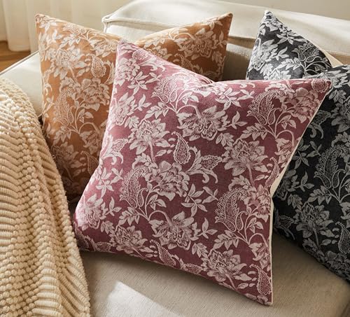 Floral Jacquard Throw Pillow Covers Set of 2, Background/Burgundy 22x22 Inch, Farmhouse Decorative Cotton Burgundy Cushion Covers for Sofa Bed Living Room Home Decor - color: Background/Burgundy, size: 22" x 22" (Pack of 2)