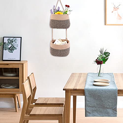 Over The Door Hanging Basket, 2 Tier Cotton Rope Woven Wall Basket, Magazine Racks Hanging Organizer, Decorative Hanging Storage Baskets for Organizing Living Room, Bathroom and Bedroom (Jute-black) - color: Jute-black