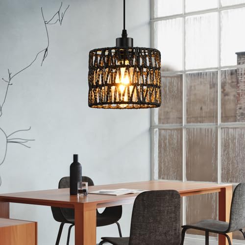 Woven Pendant Light Boho Chandelier, Rattan Pendant Lights Kitchen Island, Farmhouse Pendant Lighting with Hand Woven Wicker Shade, Boho Chandelier Light Fixtures Ceiling Hanging Light - color: 2 Pack Black