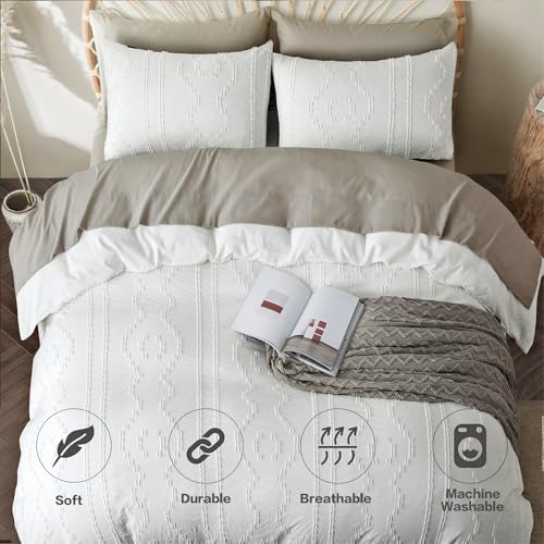 Duvet Cover Twin Size, 2PCS White Boho Duvet Cover Set, Geometric Pattern Tufted Bohemian Comforter Cover Jacquard Knit Textured Bedding Set with Zipper Closure - color: White, size: Twin