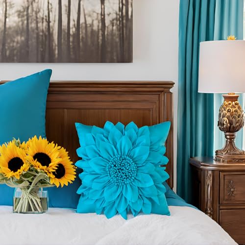 Bella's Giftshop 3D Sunflower Decorative Throw Pillow Covers for Bed Sofa Couch Car, Accent Floral Taffeta Cushion Cover, Handmade Pillow Cases Living Room Decor, 17x17 Inch-Teal/Turquoise - color: Blue