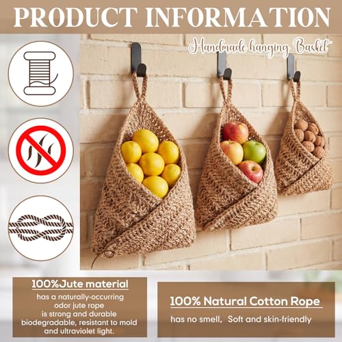 Honeydak Boho Decor Hanging Wall Baskets for Kitchen 3 Pack Teardrop Baskets with Hooks Storage Fruit Onion Vegetable Potato for Home 3 Sizes(Linen,Triangle,Jute) - color: Linen, size: Jute, style: Triangle
