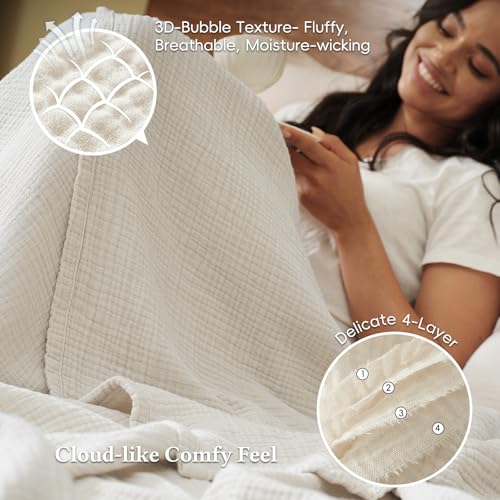 David's Home 100% Natural Cotton Muslin Blanket King Size, 4-Layer Soft Breathable Lightweight Comfy Cozy Throw Guaze for Hot Sleepers, 3D Bubble Room Decor for Bed Couch, Giftable, Brich, 108"x90" - color: Birch, size: King(108x90")