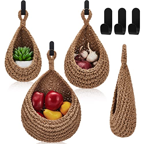 Honeydak Boho Decor Hanging Wall Baskets for Kitchen 3 Pack Teardrop Baskets with Hooks Storage Fruit Onion Vegetable Potato for Home 3 Sizes(Linen,Teardrop,Jute) - color: Linen, size: Jute, style: Teardrop