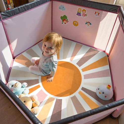 STARUIA Boho Washable Hexagon Rainbow Nursery Rug for Princess Tent Kids Play Castle, 4.6ft Colorful Sun for Kids Play Room, Ultra Soft Carpet for Girls Boys Room Playhouse Classroom Dorm Home Decor - color: Orange-new, size: 4'x4'7"