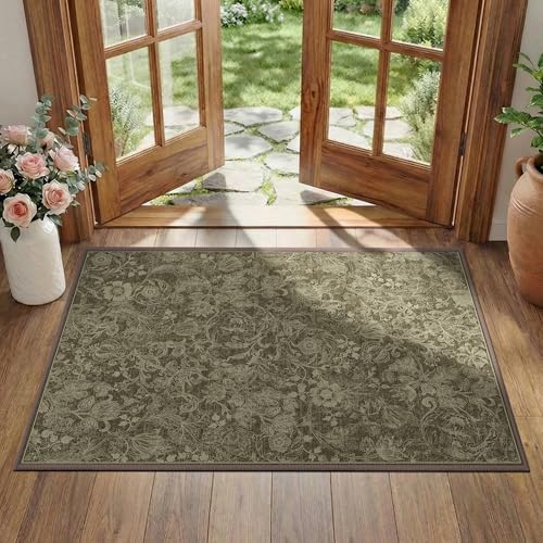 Washable Floral Area Rug 2x3, Vintage Farmhouse Botanical Rug, Non Slip Low Pile Thin Floor Soft Small Accent Rug for Entryway Bedroom Living Room Kitchen Doorway Stain Resistant Coffee - color: Coffee, size: 2'x3'