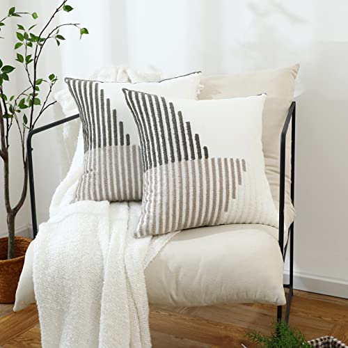 Modern Striped Embroidered Throw Pillow Covers 16x16 Set of 2 Textured Neutral Patterned Cotton Boho Pillow Covers Spring Decorative for Couch Bed Living Room Outdoor Grey & Cream White - color: Grey and White, size: 16" x 16" (Pack of 2)