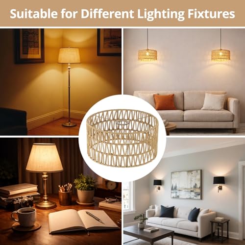 Rattan Lamp Shade, Retro Farmhouse Wicker Lampshade Replacement, 12.6" D×6.3" H Large Cylinder Woven Lamp Shade for Floor Light, Pendant Light, Chandelier