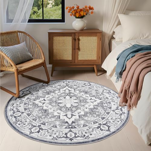Lessymo 4FT Washable Round Area Rugs for Living Room, Non Slip Circle Rugs Low Pile Vintage Carpet for Bedroom, Dining Room, Nursery, Home Office, Grey Beige - color: Grey Beige, size: 4' (Round)