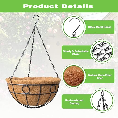 2 Pack 12 Inch Black Metal Hanging Basket Hanging Planter with Coco Coir Liner Heavy Duty Hanging Flower Pot Holder for Indoor Outdoor Patio Garden Porch Balcony Decor (Round) - color: Round