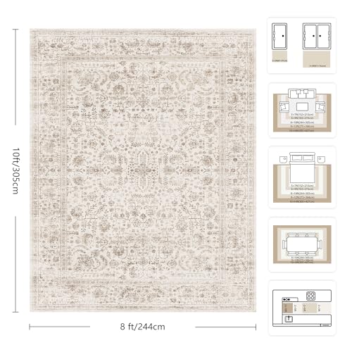8x10 Area Rugs for Living Room, Washable Vintage Retro Floral Rug, Low Pile Non Slip Distressed Large Carpet for Bedroom, Dining Room, Office, Home (Light Brown) - color: E-light Brown, size: 8' x 10' (Rectangular)