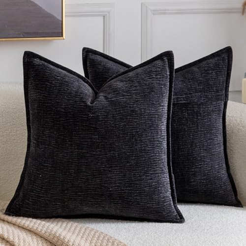 MADIZZ Pack of 2 Decorative Throw Pillow Covers Soft Chenille Throw Pillows Solid Textured Cushion Covers for Couch Sofa Bedroom Living Room 16x16 Inch, Black - color: Black, size: 16" x 16" (Pack of 2)