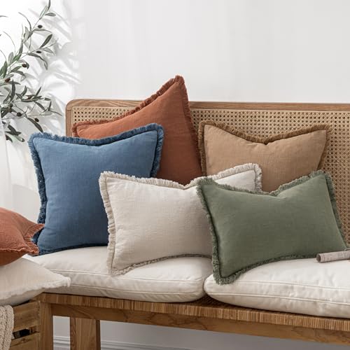MIULEE Decorative Throw Pillow Covers Neutral Linen Fringe Throw Pillows Set of 2 Blue Ashes Boho Farmhouse Cushion Covers with Tassels for Couch Sofa Bed Home Spring Decor 18x18 Inch - color: Blue Ashes, size: 18" x 18" (Pack of 2)