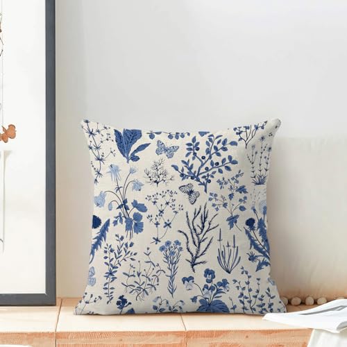 AEIOAE Summer Pillow Covers 16x16 Inch Set of 2,Navy Blue Wild Flower Plant Throw Pillows Case,Seasonal Floral Outdoor Decorative Square Linen Farmhouse Decor Cushion Covers for Home Couch Sofa Bed - color: Navy Blue Wild Floral, size: 16" x 16" (Pack of