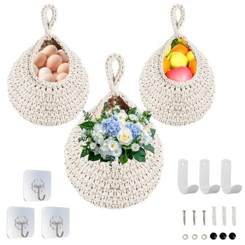 Boho Wall Hanging Fruit Baskets for Kitchen - Rope Woven Hanging Produce Basket, Decorative Storage Organizer for Fruits, Veggies, Snacks, Farmhouse & Boho Home Decoration. - color: Beige-01