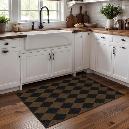 Rugalia Easy Jute Checkered Entryway Rug, 2x3 Coffee Modern Indoor Outdoor Doormat, Washable Non-Slip Neutral Small Kitchen Rug Farmhouse Diamond Throw Rugs for Entrance Bedroom Bathroom - color: Coffee Checkered, size: 2' x 3' (Rectangular)