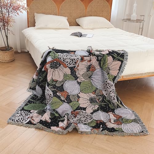 Boho Throw Blanket Reversible Cotton Bohemian Tapestry Hippie Room Decor Double Sided (Boho Flower Dark 50"x60") - color: Boho Flower Dark 2, size: 50*60 inch