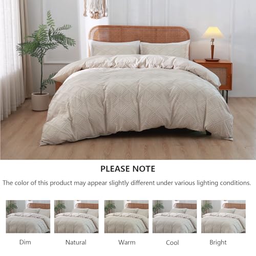 Duvet Cover Queen Size, 3PCS Boho Duvet Cover Set, Geometric Pattern Tufted Bohemian Comforter Cover Jacquard Knit Textured Bedding Set with Zipper Closure - color: Light Kahki, size: Queen
