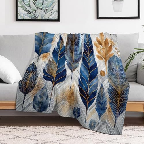Blanket Luxury Feather Leaf Plant Blue Throw Blanket for Women Men, 30"x40" Golden Foliage Plush Flannel Throws, Decor for Bed Couch Bedroom - color: Luxury Feather Leaf Plant Blue, size: 30"x40"