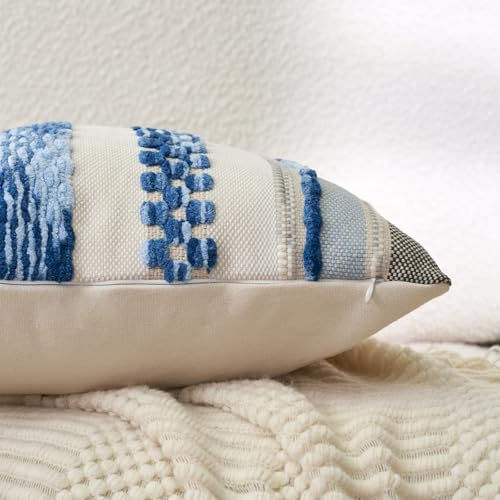 Aeckself Boho Throw Pillow Covers 18x18 Inch Set of 2, Farmhouse Decorative Striped Square Pillow Covers Chenille Tufted Pillow Cases Accent Neutral Pillowcase for Living Room Couch Bed, Sky Blue - color: Sky Blue