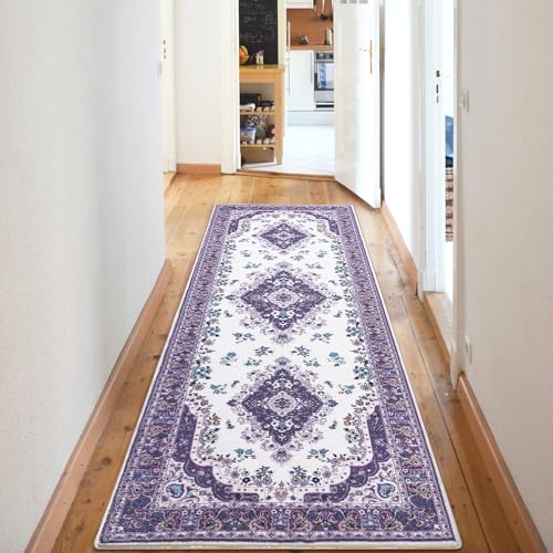 HOMORE Vintage Runner Rug-2x6 Hallway Runner Rug for Entryway Non Slip Washable Bedroom Rug Faux Wool Lavender Floor Carpet Runner for Kitchen Indoor Front Entrance Laundry Living Room Dorm, Purple - color: Purple, size: 2' x 6' (Rectangular)