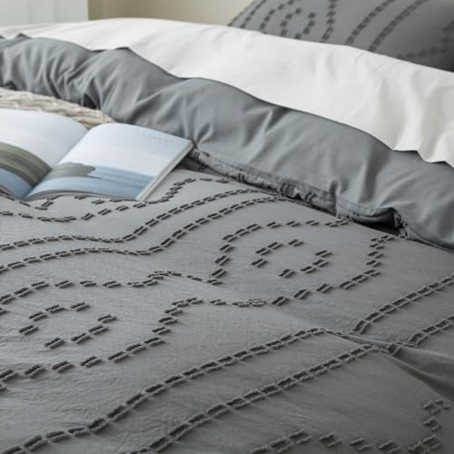 Duvet Cover King, 3PCS Boho Duvet Cover Set, Geometric Pattern Tufted Bohemian Comforter Cover Jacquard Knit Textured Bedding Set with Zipper Closure (Dark Grey) - color: Dark Grey, size: King