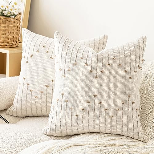 LILEPOY Boho Throw Pillow Covers 20x20 Set of 2 Neutral Decorative Textured Cushion Case Farmhouse Pillowcase Modern Square Pillow Covers for Sofa,Couch, Living Room,Beige and Khaki - color: Beige and Khaki, size: 20" x 20" (Pack of 2)