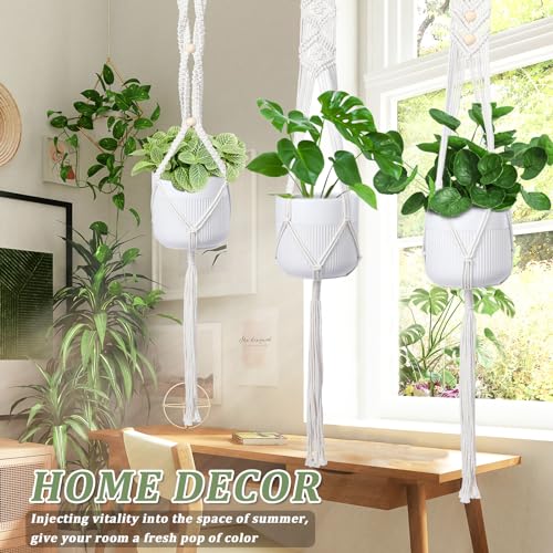 Macrame Plant Hanger 3 PCS Hanging Planters for Indoor Plants with Wood Decor Bohemian Wall Plant Hanger Outdoor Office - color: Beige 01