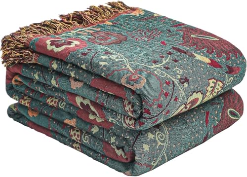 Boho Fall Throw Blanket for Bed,100% Ultra Cotton Soft Breathable Bed Throw Floral Printed Farmhouse Decor Rustic Bed Throws for Couch Sofa Quilt 80" x 90" - color: Green Peacock Tail, size: 80"x90"