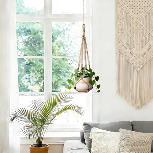 LEWESU 3 Pack Jute Macrame Plant Hanger Indoor 3 Different Sizes Hanging Planter Basket Flower Pot Holder with Wood Beads & No Tassels for Boho Home Decor, 23, 30, 35 Inch, Brown (Pot Not Included) - color: Brown, size: 23" + 30" + 35"
