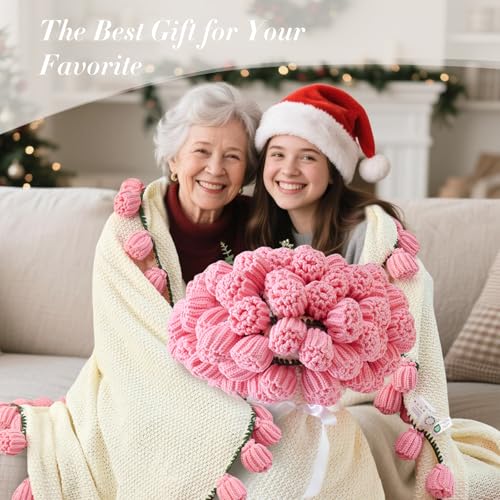Flower Bouquet Blanket, Birthday Gifts for Mom Teacher Women Grandkids Wife Girlfriend Her, Crochet Flower Blanket, Soft Knitted Throw Blankets for Teacher Appreciation Housewarming Gifts (Pink roses) - color: A-pink Roses