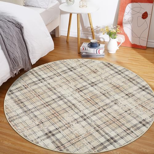 Garvee Tartan Plaid Washable Round Rug 4ft for Living Room Non Slip Circle Rugs，Farmhouse Soft Ultra-Thin Carpet for Entryway Kitchen Bedroom Nursery Bathroom, Beige 4'x4' - color: Plaid|beige, size: 4' (Round)