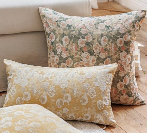 Spring Floral Woven Pattern Throw Pillow Cover Decorative Vintage Farmhouse Home Decor Textured Cushion Case for Couch Sofa Bed Living Room Bedroom (Yellow, 12x20 (Pack of 1)) - color: Light Yellow, size: 20" x 12" (Pack of 1)