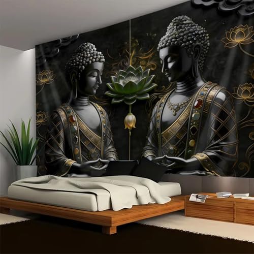 FENDROM Black Vintage Sitting Buddha Tapestry Wall Hanging Buddhist Statue Tapestries Green Lotus Meditation Wall Decor Psychedelic Indian Zen Art for Bedroom Living Room Home Decor - color: Black2, size: 59"L x 51"W