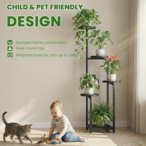 TOSKING 47" Tall 5-Tier Square Iron Plant Stand with Detachable Grow Light ,Heavy Duty Corner Flower Shelf for Indoor Use, Metal Pot Rack for Living Room, Bedroom, Office, Black - color: Black, size: Grow Light