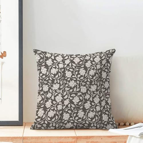 Taupe Floral Throw Pillow Covers 18x18 Set of 2, Flower Print Linen Decorative Pillow Cover Neutral Vintage Outdoor Cushion Cover Taupe Black Floral Pillowcase for Sofa Couch Farmhouse Room - color: Floral Black, size: 18" x 18" (Pack of 2)