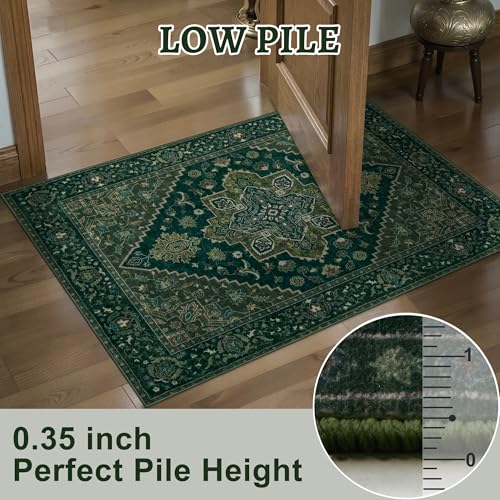 Tangsoo Dark Green 2x3 Small Rugs for Entryway, Washable Vintage Non Slip Oriental Rug, Indoor Front Door Rug, Print Door Mat Small Carpet, Soft Low Pile Rugs for Entrance Kitchen Bedroom Home Decor - color: Dark Green, size: 2' X 3' (Rectangular)