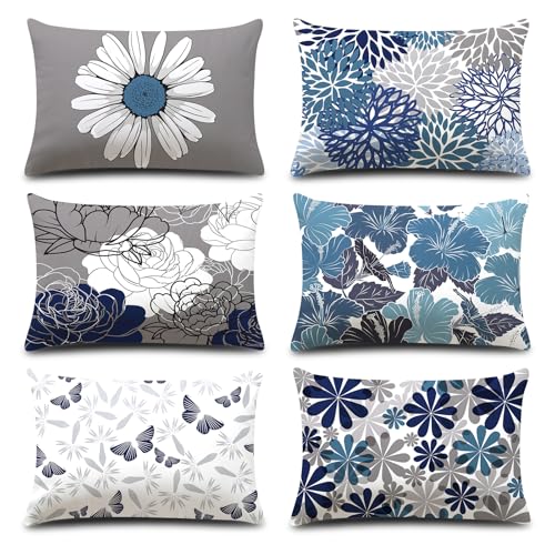 COMMINY Lumbar Throw Pillow Covers 12x20 Inch Set of 6, Blue Grey Pillow Cases for Couch Room Decor, Farmhouse Daisy Dahlia Lumbar Pillow Cover, Indoor Decorative Cushion Cover Only, No Insert - color: Blue Daisy, size: 20" x 12" (Pack of 6)