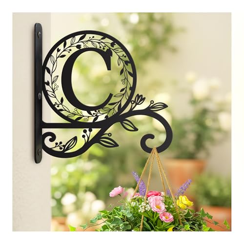 Personalized Metal Initial Letter C Plant Hanger Bracket, Decorative Wall Mount Hanging Plant Hook, Monogram Floral Leaf Garden Decor for Hanging Baskets, Bird Feeders, Lanterns, Wind Chimes - style: C