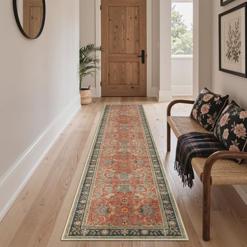 Bavni 2x10 Washable Runner Rug Non Slip, Vintage Distressed Accent Hallway Runner, Low Pile Coral Red Blue Carpet Stain Resistant, Kitchen Runner Floral Rugs for Entryway, Bedroom, Laundry, Nursery - color: Coral Blue, size: 2' x 10' (Rectangular)