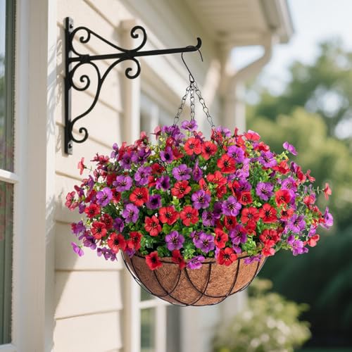 Artificial Silk Flowers Hanging Basket for Outdoor Indoor, Daisy with Eucalyptus Leaves Arrangement for Garden Yard Spring Summer Decor, Faux Green Plant in Metal Coconut Lining Pot(Red Purple) - color: Reddish Purple