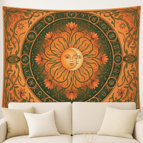 Water Lily and Sun Orange Green Tapestry, Floral Mandala Bohemian Decorative Wall Hanging, Aesthetic Tapestries for Living Room, Bedroom, Meditation 90x70 Inch - size: 90x70 Inch