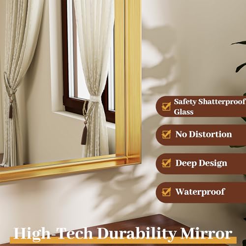 26" x 38" Luxury Arched Bathroom Mirror - Arch Wall Mirror with Shatterproof Tempered Glass and Metal Deep Frame, Hanging or Leaning for Living Room, Dresser, Entrance and Hallway, Gold - color: Gold, size: 38"L x 26"W
