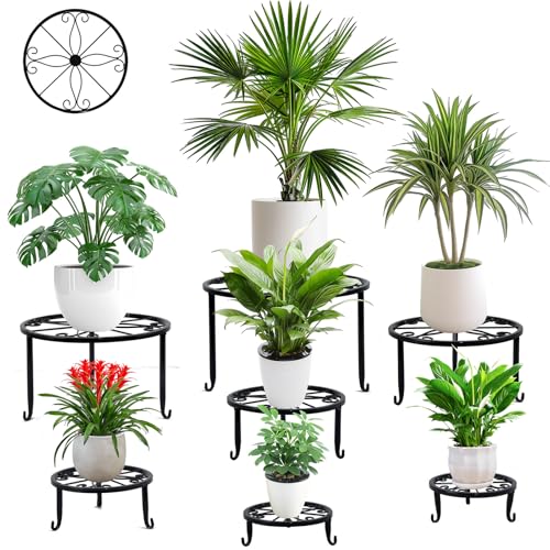 Metal Plant Stands for Outdoor Indoor Plants, 7 Pack Anti-Rust Iron Flower Plant Pot Stands, Floor Plant Holder Heavy Duty Plant Round Shelf for Multiple Plant Patio, Home Garden Decor Racks (Black)
