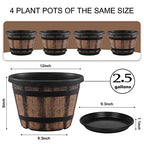 Quarut Plant Pots Set of 4 Pack 12 inch,Large Whiskey Barrel Planters with Drainage Holes & Saucer.Plastic Flower Pots Imitation Wine Barrel Design, for Indoor & Outdoor Garden Home Plants (Brown) - size: 12 inches