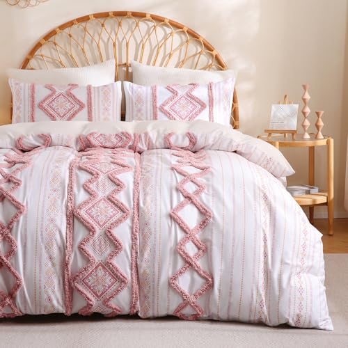 Herside 100% Cotton Boho Duvet Cover Set Queen Size,Shabby Chic Aztec Western Pink Tufted Bedding,Farmhouse Luxury 3 Piece Textured Quilt Duvet Set for All Season Home Decor - color: Pink, size: Queen(No Comforter)