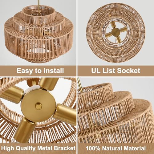 20" Boho Rattan Chandelier Light Fixture,5-Light Hand Woven Wicker Pendant Light Fixture Farmhouse Rustic Hanging Ceiling Light for Kitchen Island Bedroom, Dining Room, Living Room, Entryway - style: Boho-Round-20in