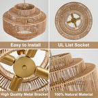 20" Boho Rattan Chandelier Light Fixture,5-Light Hand Woven Wicker Pendant Light Fixture Farmhouse Rustic Hanging Ceiling Light for Kitchen Island Bedroom, Dining Room, Living Room, Entryway - style: Boho-Round-20in